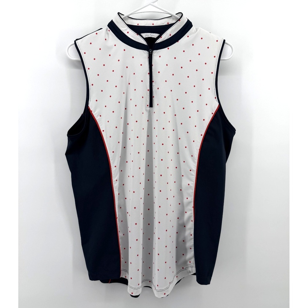Lady Hagen Golf 1/4 Zip Shirt Navy White Red Polka Dot Women L Sleeveless Sports